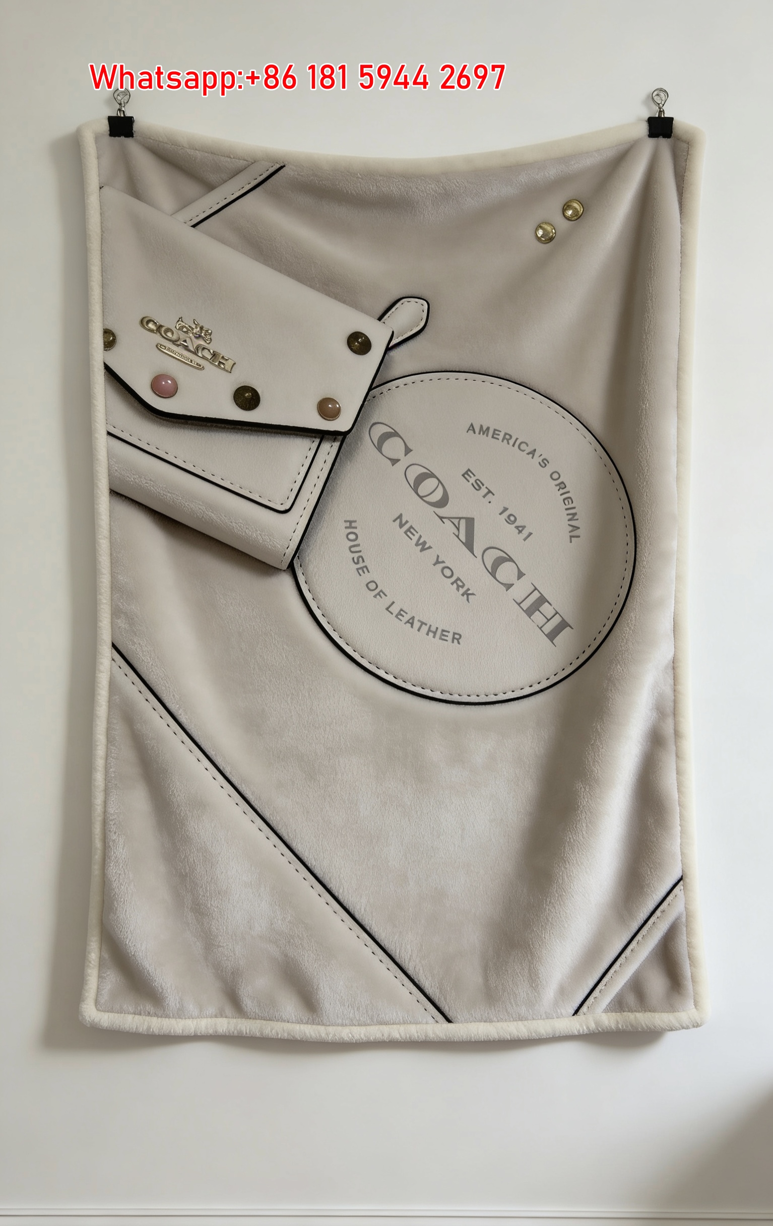 COACH Cream Leather Bag Print Flannel Throw Blanket for Couch C289